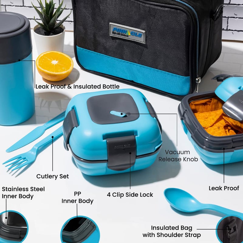 Pinnacle Thermoware Lunch Box Bag Set for Adults and Kids, Blue, Plastic and Stainless Steel, Matching Cutlery - Image 5